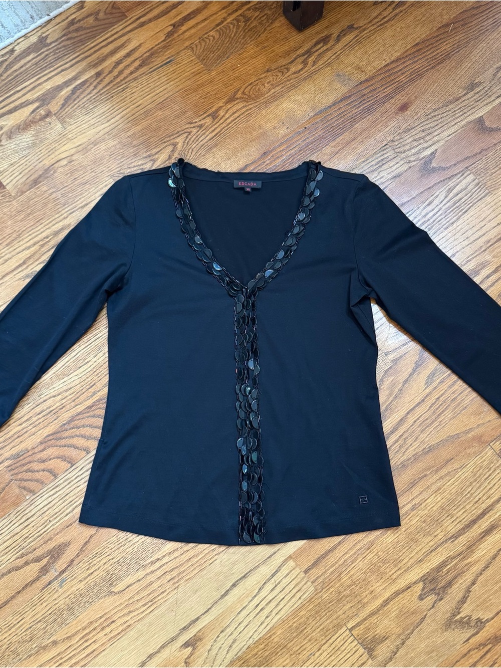 Escada Black Long-Sleeve V-Neck Top with Sequin Trim